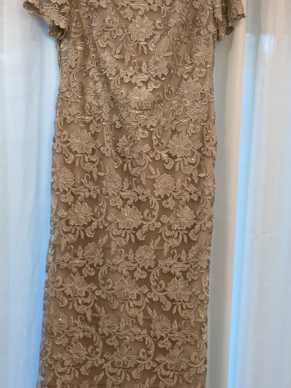 La Femme Beige Floral Lace Long Sleeve Evening Gown